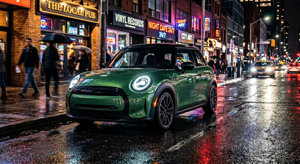 Mini Cooper Electric downtown night drive