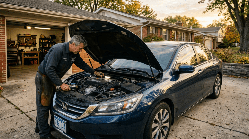 well maintained high mileage car parked in suburban driveway