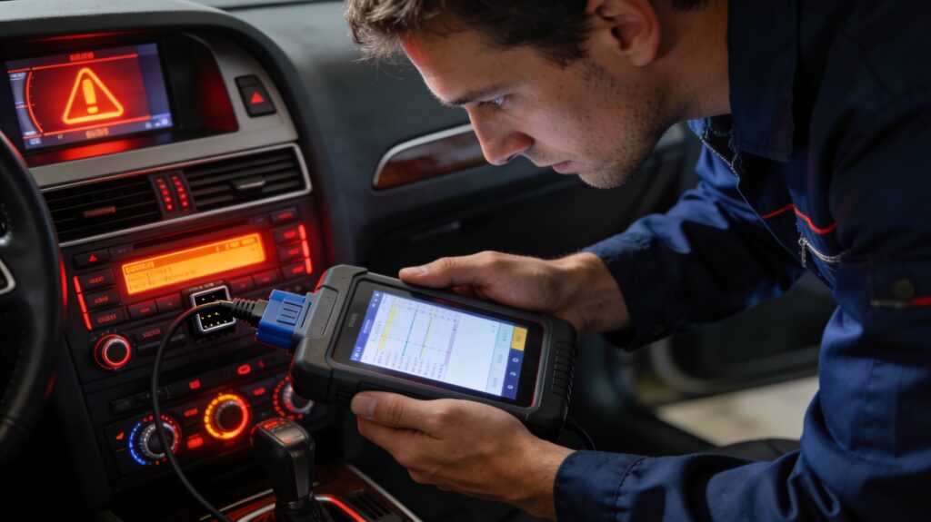 scanner diagnosing check engine warning light