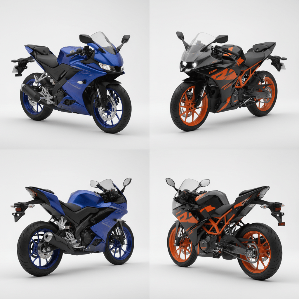 Yamaha R15 V4 vs KTM RC 200 design and styling comparison multiple angles 2026