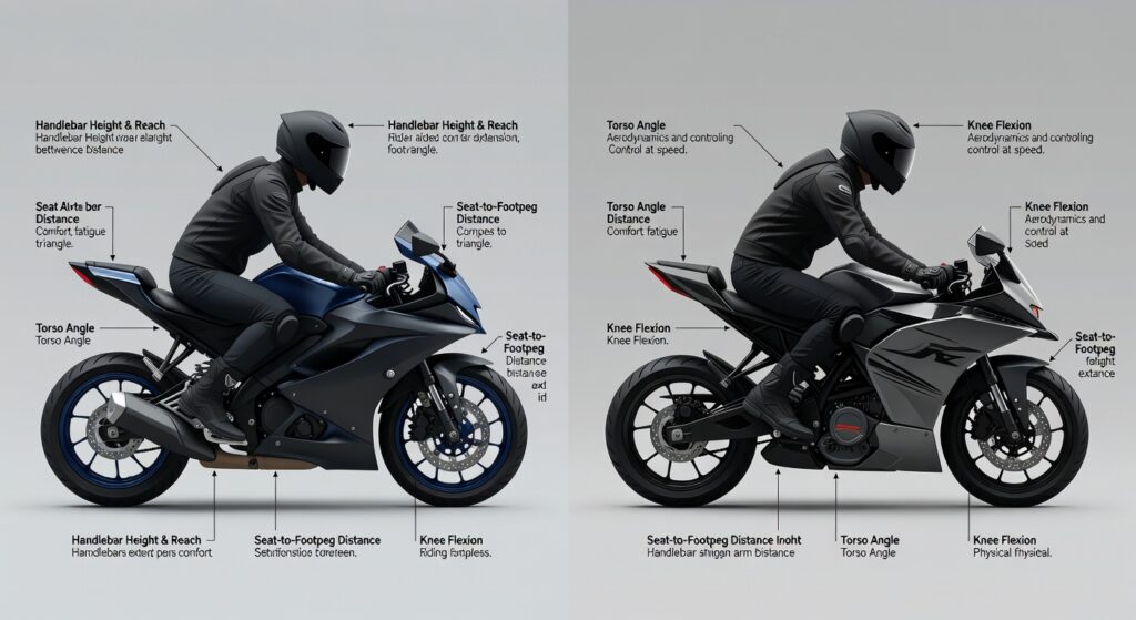 Yamaha R15 V4 vs KTM RC 200 riding position ergonomics comparison for beginner riders