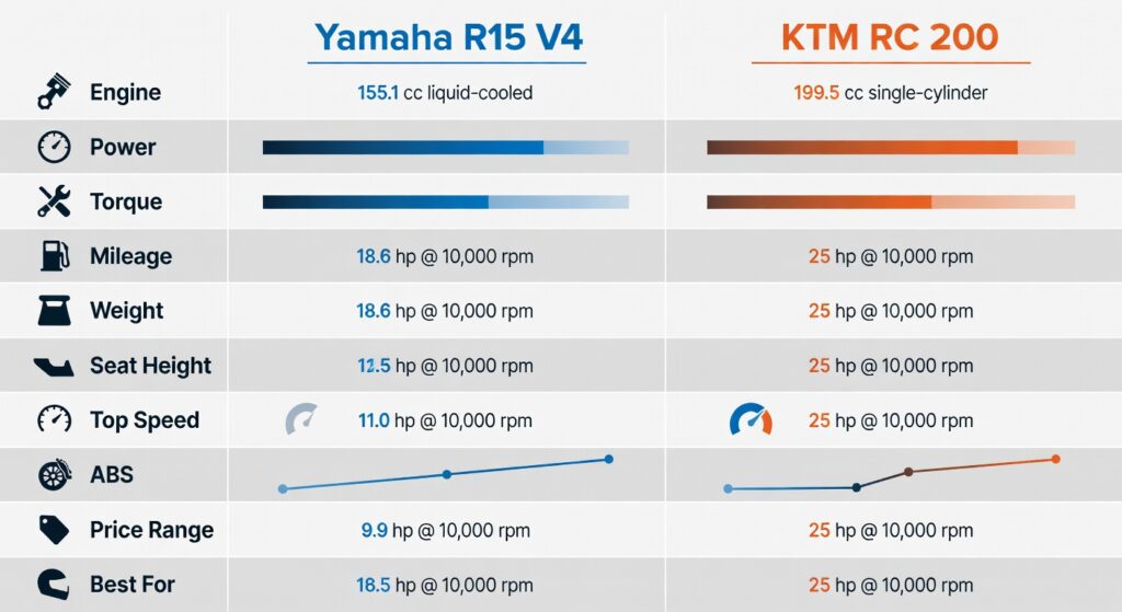 Yamaha R15 V4 vs KTM RC 200 detailed specifications comparison table 2026